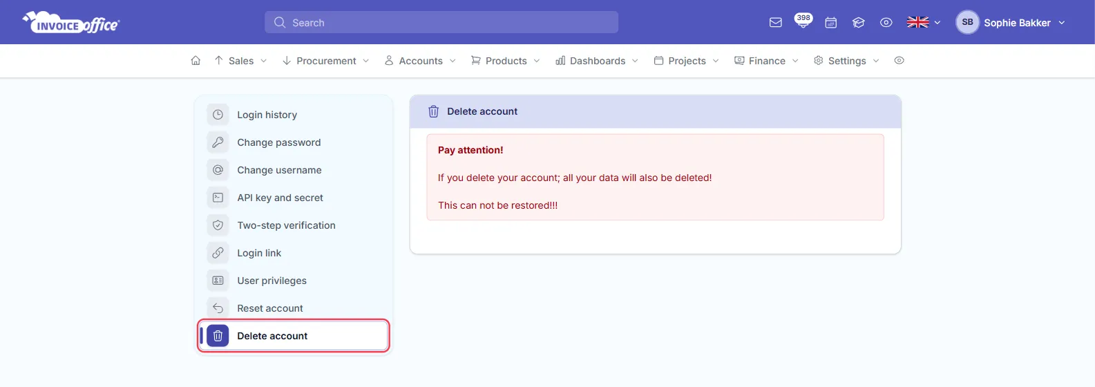 The Delete account page in the Invoice Office Security center, with a red Pay attention warning that deleting your account deletes all your data and cannot be restored — the Delete account entry at the bottom of the Security center menu is outlined in red