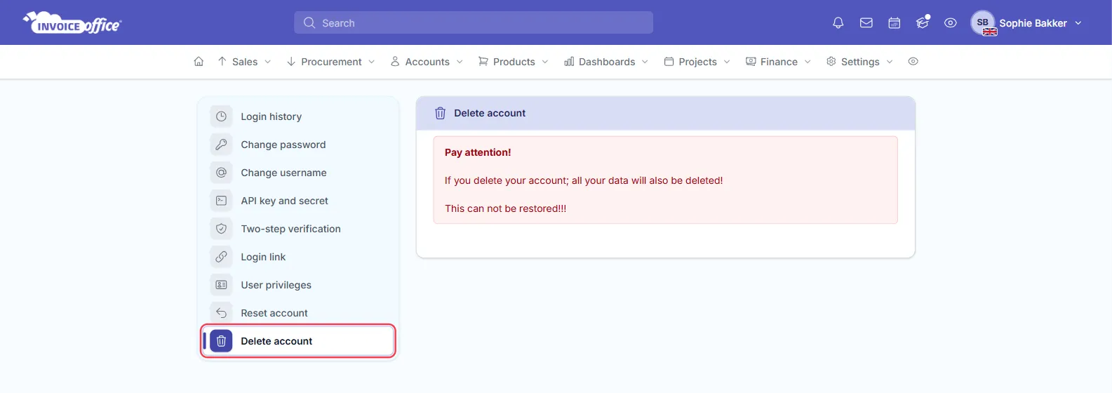 The Delete account page in the Invoice Office Security center, with a red Pay attention warning that deleting your account deletes all your data and cannot be restored — the Delete account entry at the bottom of the Security center menu is outlined in red