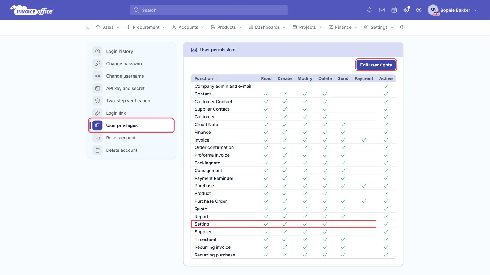 The User permissions page in the Invoice Office Security center, a table of functions with Read, Create, Modify, Delete, Send, Payment and Active rights — the Setting row and the Edit user rights button are outlined in red