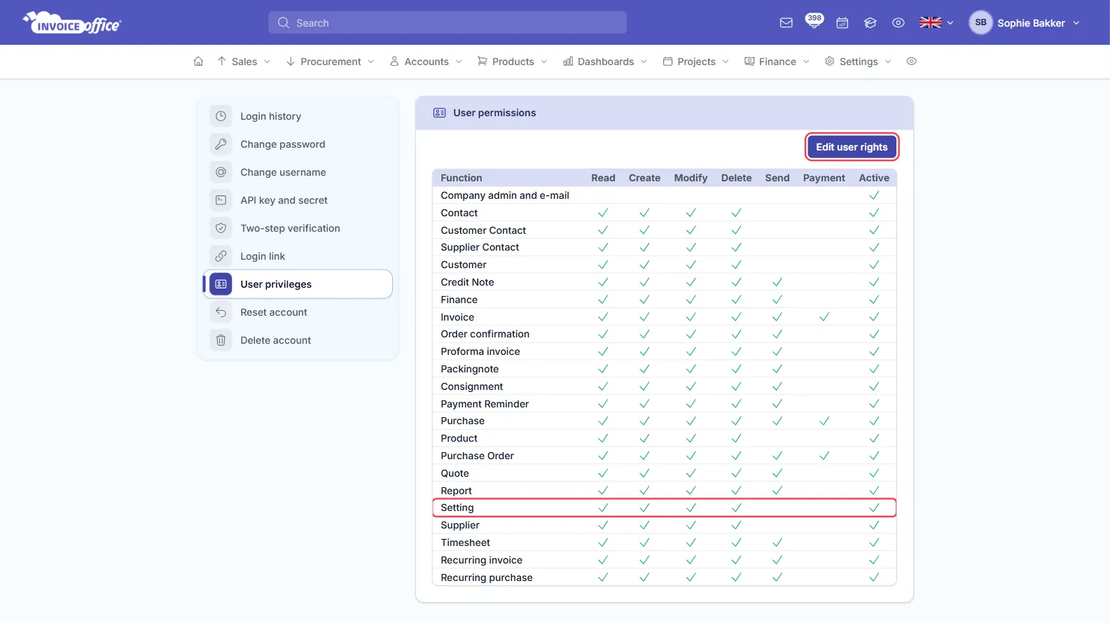 The User permissions page in the Invoice Office Security center, a table of functions with Read, Create, Modify, Delete, Send, Payment and Active rights — the Setting row and the Edit user rights button are outlined in red