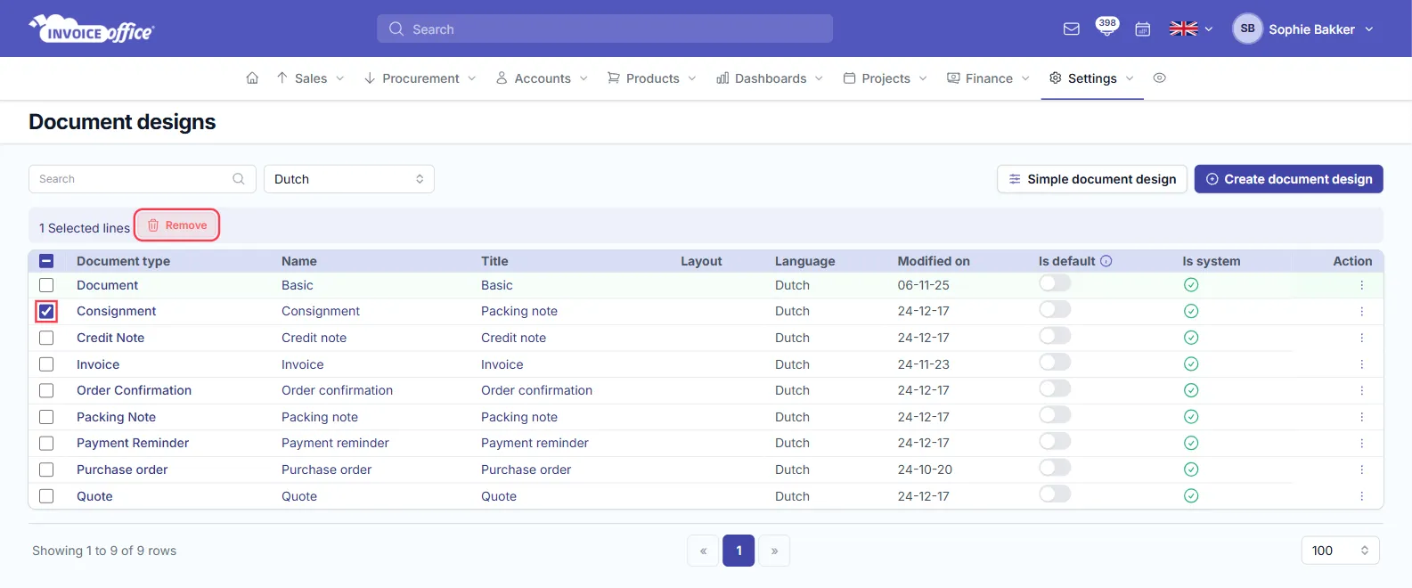 The Document designs list in Invoice Office settings with the Dutch language selected and the Consignment row ticked — the row checkbox and the Remove button in the 1 Selected lines bar are outlined in red