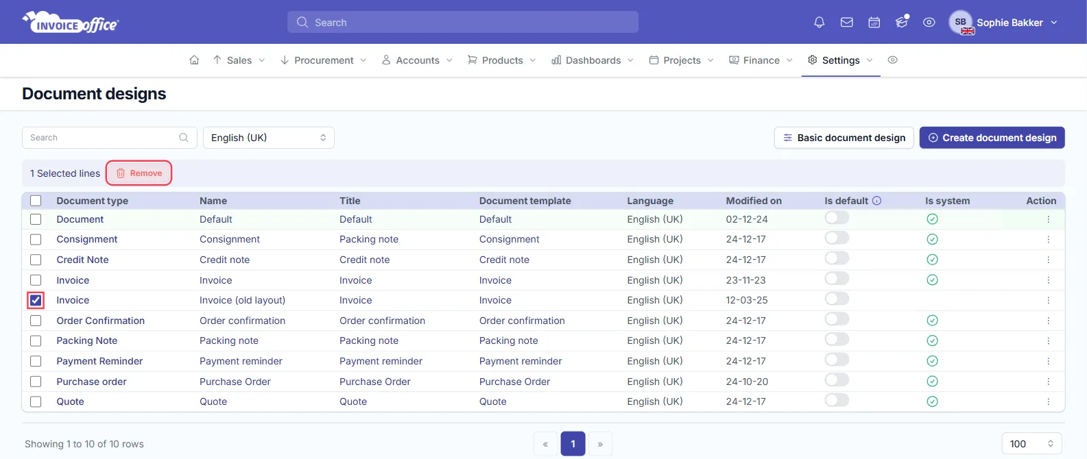 The Document designs list in Invoice Office settings with English (UK) selected and the Invoice (old layout) row ticked — the row checkbox and the Remove button in the 1 Selected lines bar are outlined in red