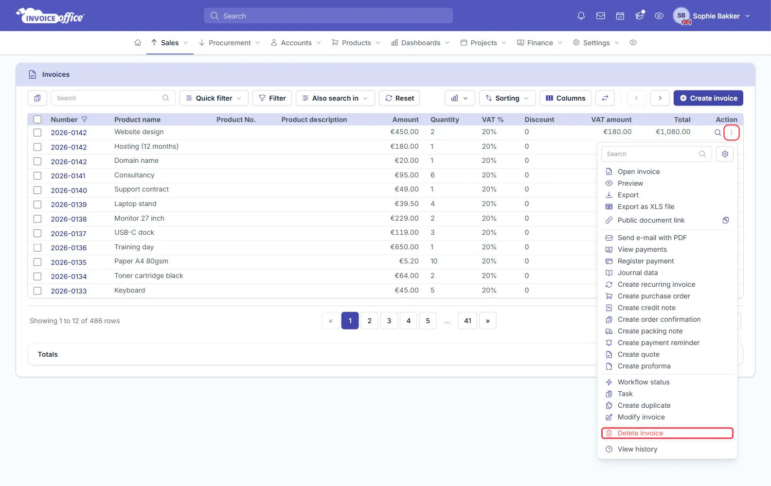 The Invoice Office invoices list with a row's Action menu open, showing Open invoice, Preview, Export, Finalize options, Register payment, the Create options, Create duplicate and Delete invoice in red at the bottom; the Action button and Delete invoice are outlined in red