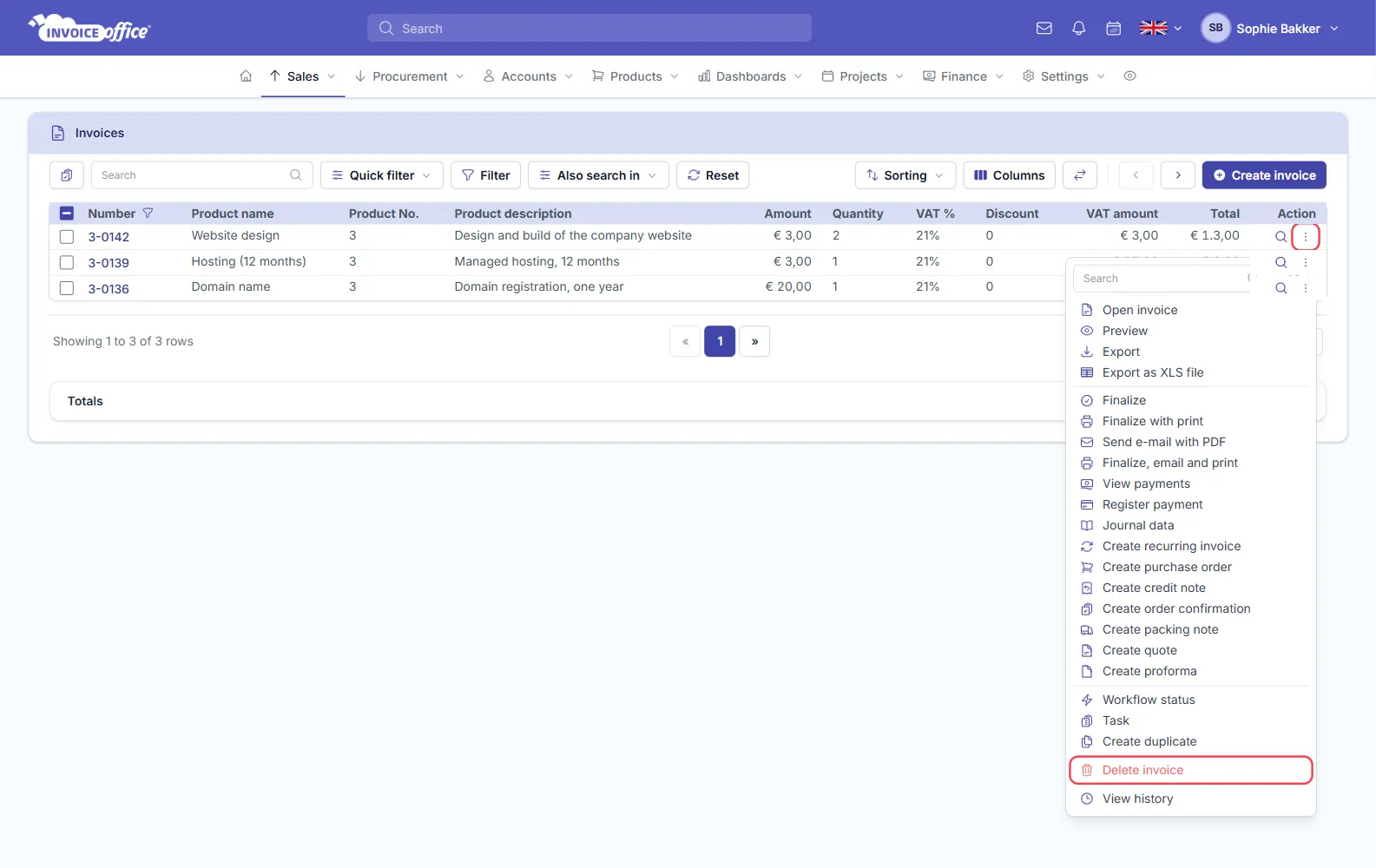 The Invoice Office invoices list with a row's Action menu open, showing Open invoice, Preview, Export, Finalize options, Register payment, the Create options, Create duplicate and Delete invoice in red at the bottom; the Action button and Delete invoice are outlined in red