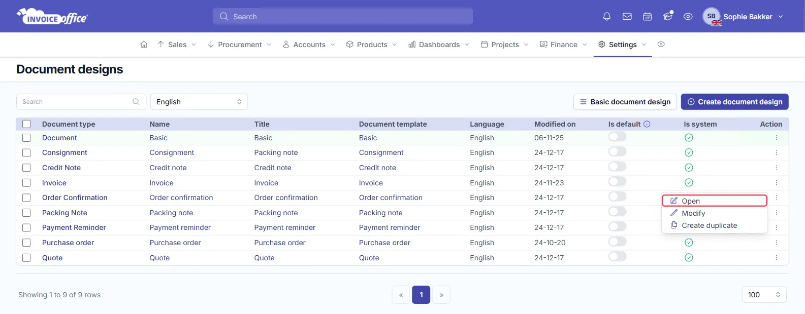 The Document designs list in Invoice Office with one design per document type, including Invoice, Order Confirmation, Packing Note and Quote; the Action menu of the Order Confirmation design is open on Open, Modify and Create duplicate, with Open outlined in red