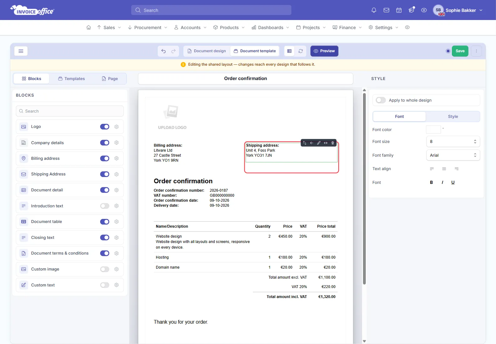 The same order confirmation template in Invoice Office with the Billing address and Shipping Address blocks side by side in one row; the Shipping Address block, with its Move, Move left, Style, Full width and Hide toolbar, is outlined in red