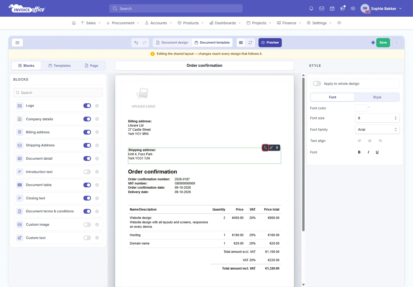 The order confirmation in the Invoice Office document template editor with the Shipping Address block switched on in the Blocks list and placed in its own row below the billing address; the Move handle in the block's toolbar is outlined in red