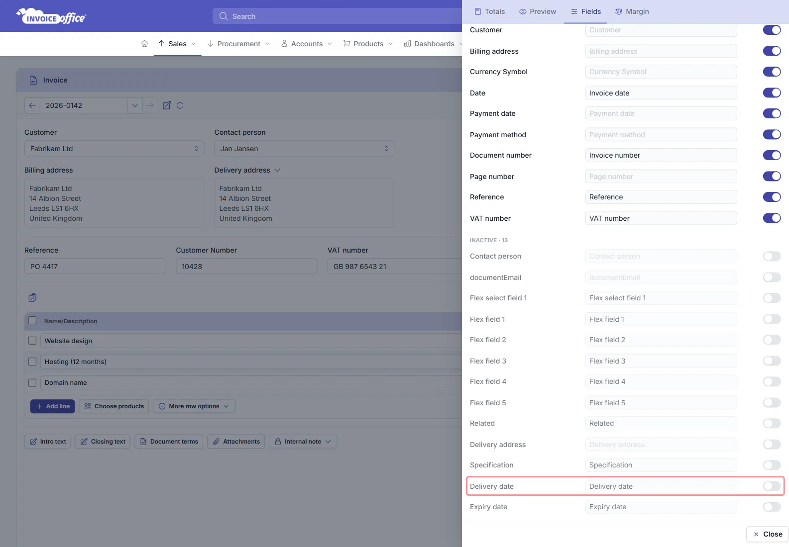 The Display Columns panel of an Invoice Office invoice on the Header sub-tab, showing SHOWN · 8 fields including Customer, Billing address and Invoice date above INACTIVE · 12 more — the Delivery date row and its Visible toggle are outlined in red