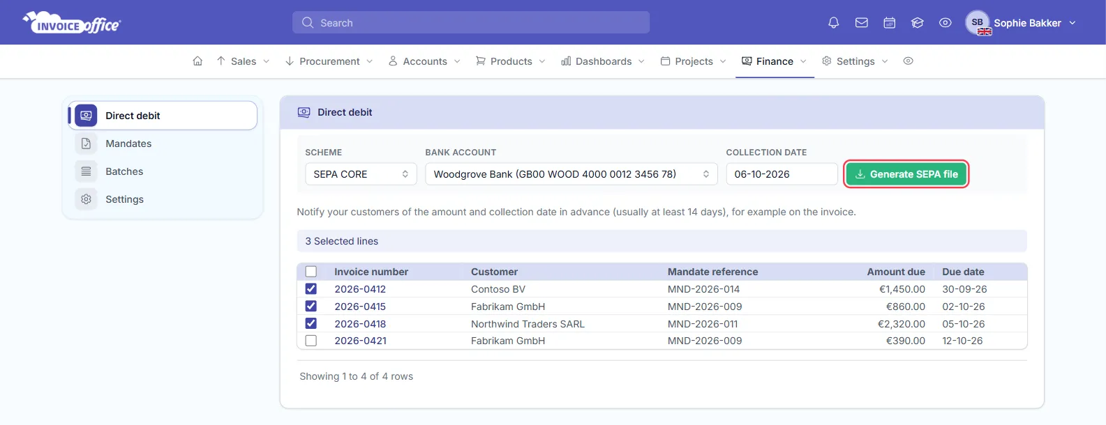 The Direct debit page in Invoice Office with Scheme SEPA CORE, Bank account Woodgrove Bank, Collection date 06-10-2026 and four collectable euro invoices, three of them ticked (3 Selected lines); the Generate SEPA file button is outlined in red