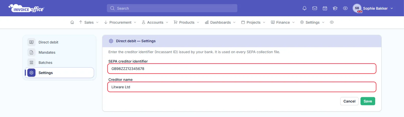 The Direct debit Settings page in Invoice Office with SEPA creditor identifier GB98ZZZ12345678 and Creditor name Litware Ltd, both outlined in red, and the tabs Direct debit, Mandates, Batches and Settings on the left