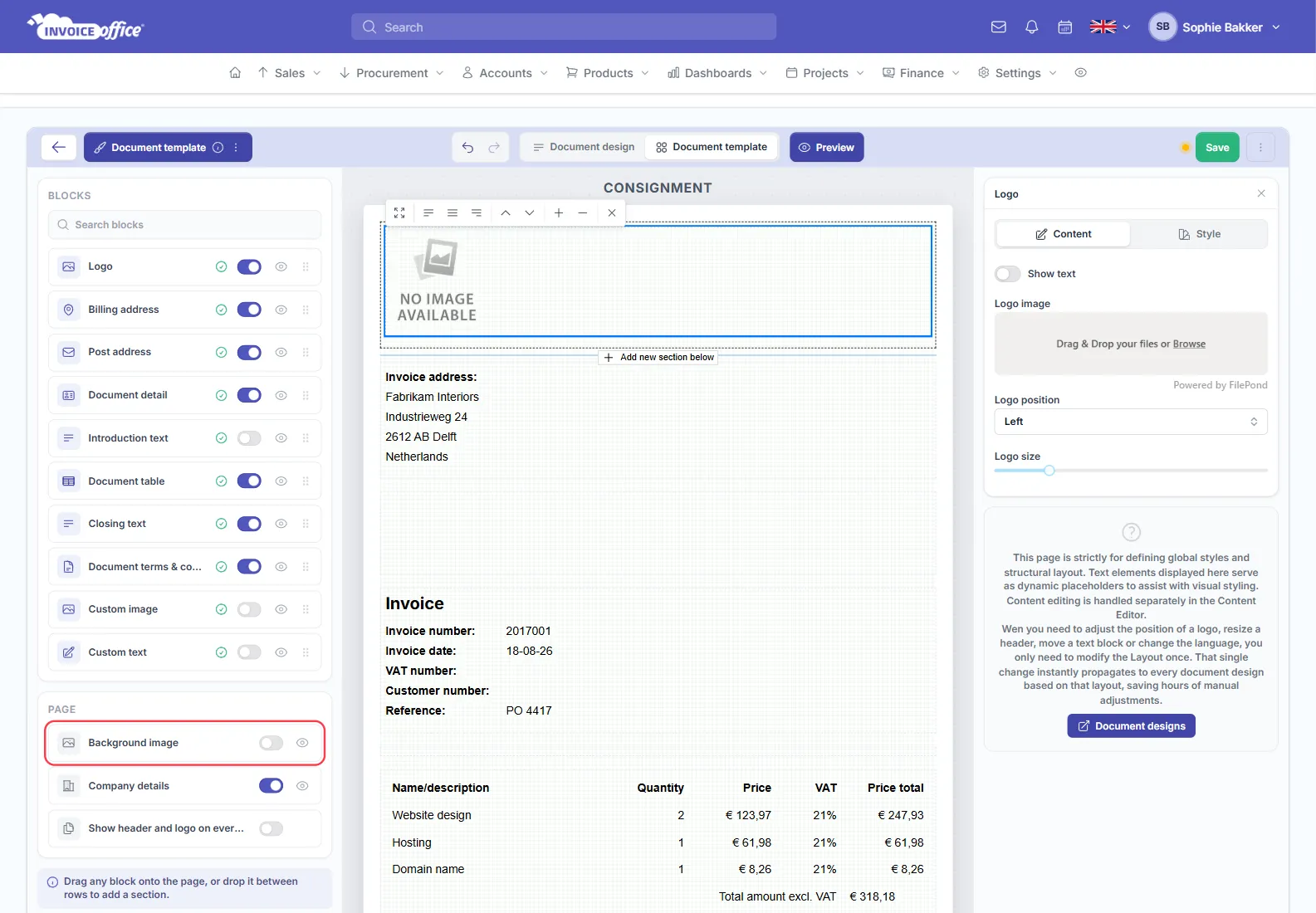 The PAGE section of the Invoice Office document template editor with the Background image row outlined in red, above Company details and Show header and logo on every page