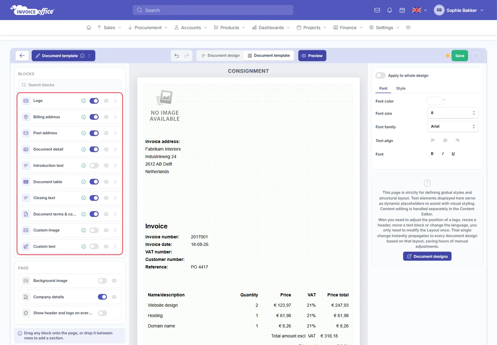 The Document template editor in Invoice Office with the blocks list outlined in red — Logo, Billing address, Post address, Document detail, Introduction text, Document table, Closing text, Document terms and conditions, Custom image and Custom text — above a PAGE section with background image and company details