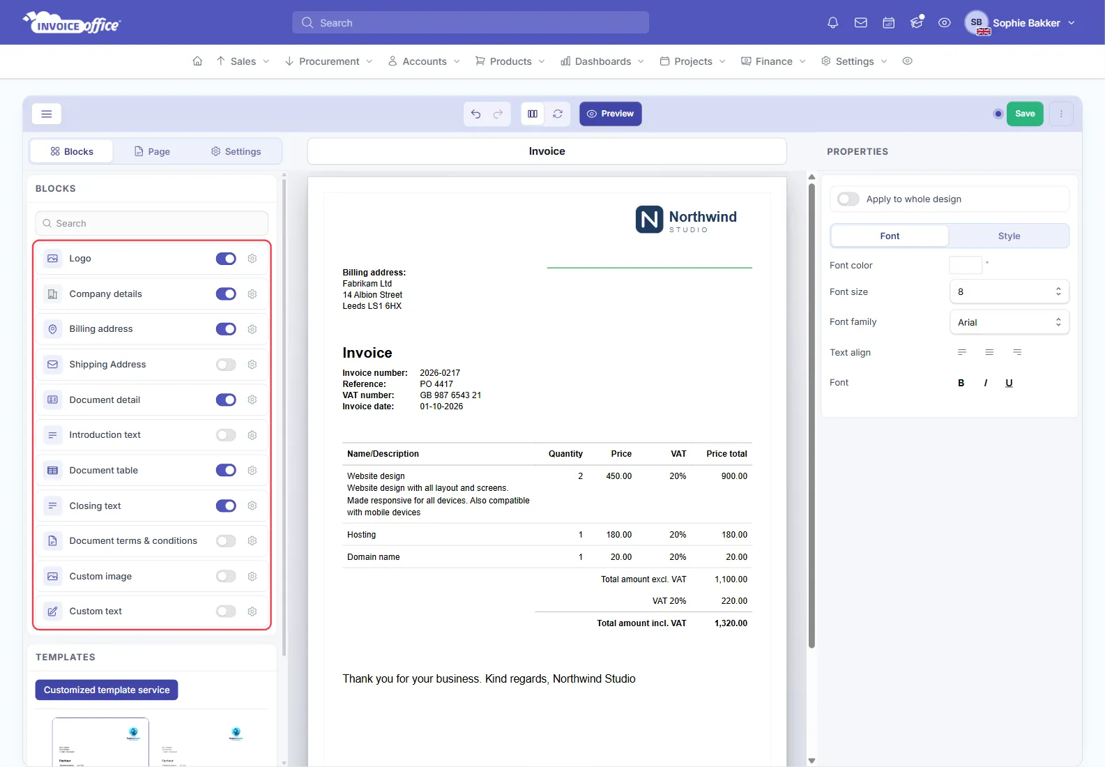 The basic document design editor in Invoice Office: the Blocks, Page and Settings tabs on the left with the list of blocks outlined in red, an invoice for Fabrikam Ltd in the middle and the Properties panel on the right