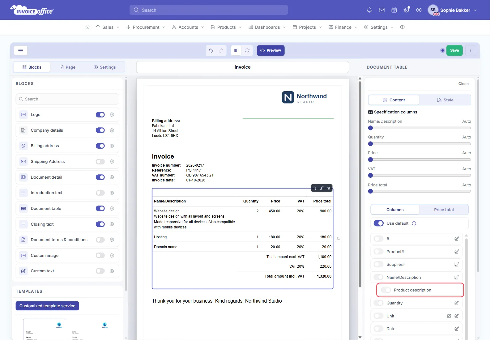 The document table selected in the Invoice Office document design editor, with Specification columns sliders set to Auto and the Columns list below it, Use default switched on and the Product description switch outlined in red