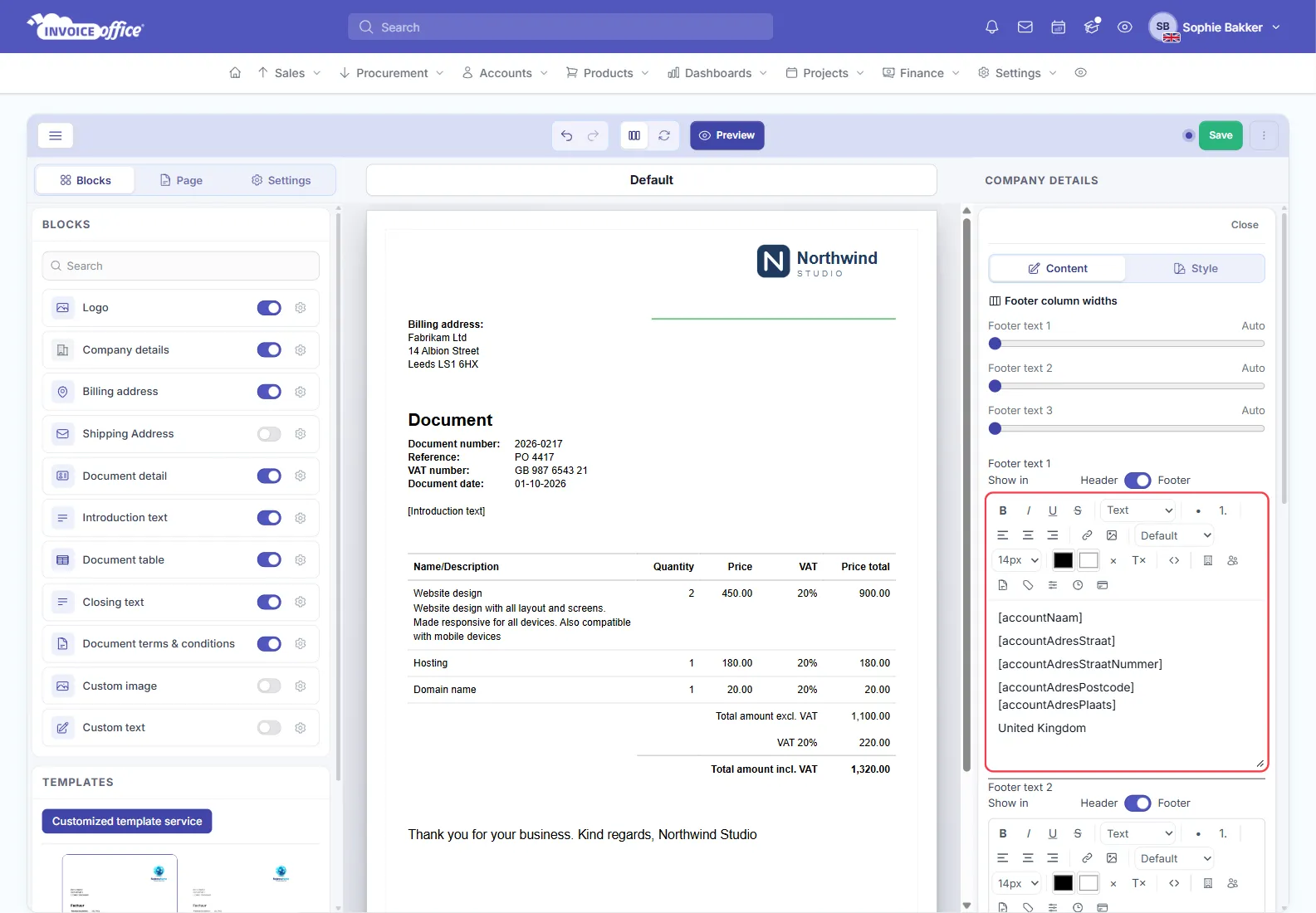 The Company details block selected in the Invoice Office document design editor, with Footer column widths sliders at the top and Footer text 1 outlined in red — a text editor holding company placeholders, with its Show in switch between Header and Footer