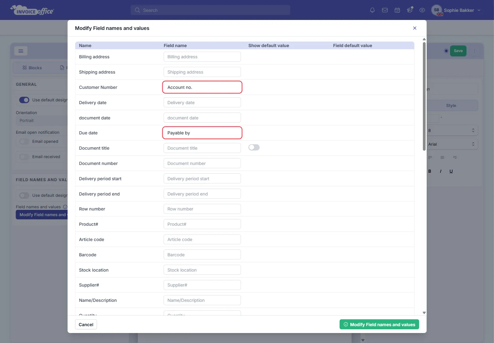 The Modify Field names and values window in Invoice Office with the columns Name, Field name, Show default value and Field default value, where Customer Number is renamed to Account no. and Due date to Payable by, both outlined in red