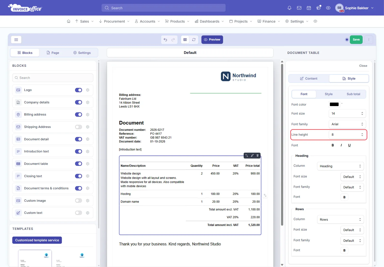 The document table selected in the Invoice Office document design editor, with the Style tab open on Font and the Line height setting outlined in red, above the Heading and Rows font settings