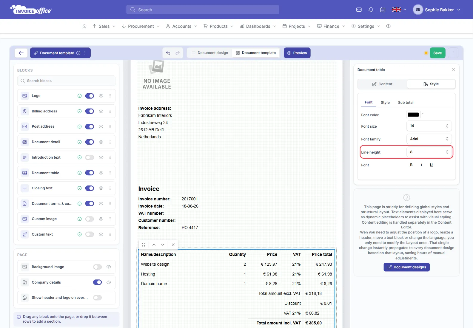 The document table selected in the Invoice Office document template editor, with its Style tab open on the Font sub-tab and the Line height field outlined in red beside font colour, size and family