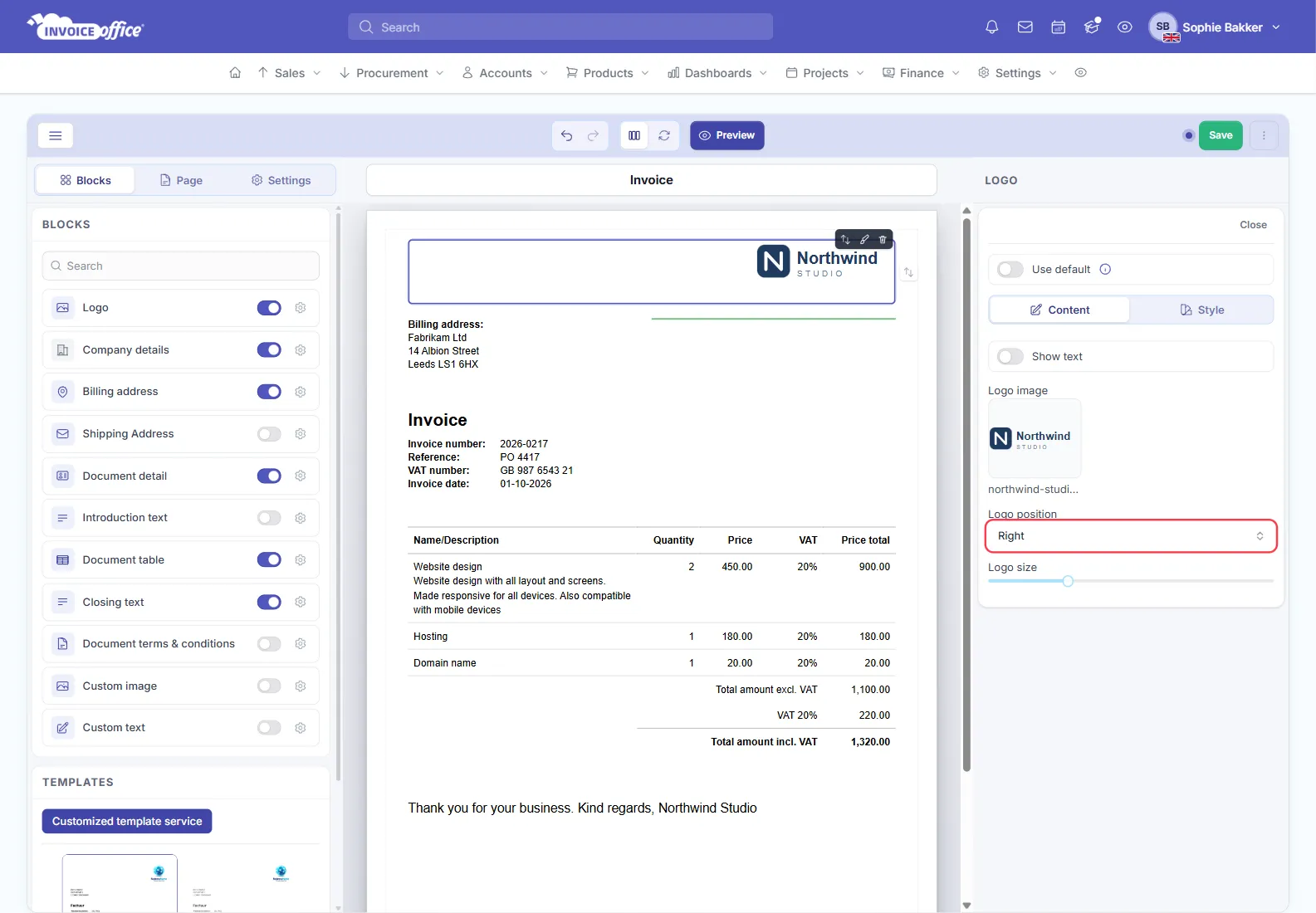 The Logo block selected in the Invoice Office document design editor, with its Content tab showing Show text, the uploaded Northwind Studio logo, Logo position set to Right and outlined in red, and a Logo size slider
