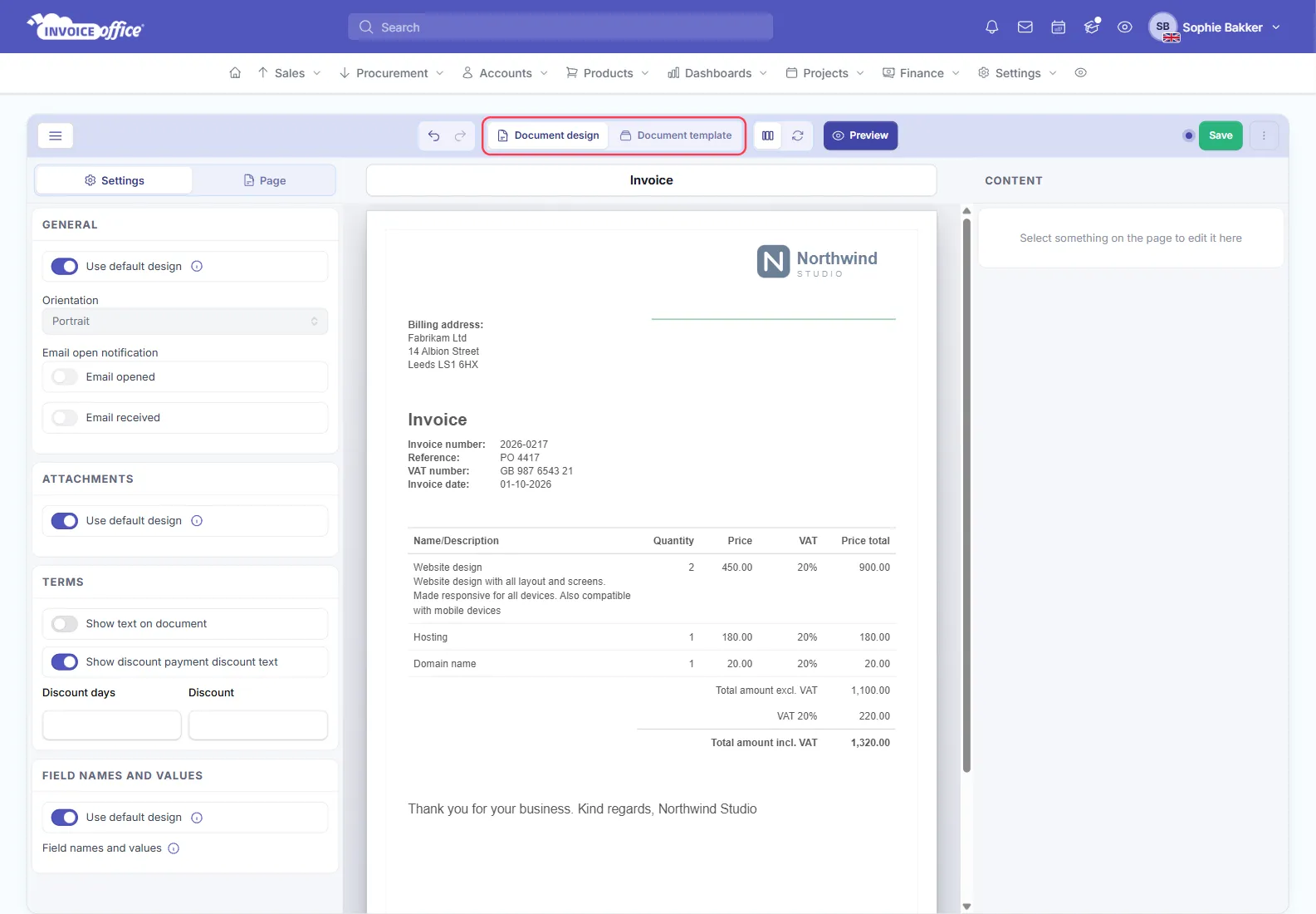 The advanced document design editor in Invoice Office with the Document design and Document template switch outlined in red, the design's General, Attachments, Terms and Field names and values sections on the left and the invoice in the middle