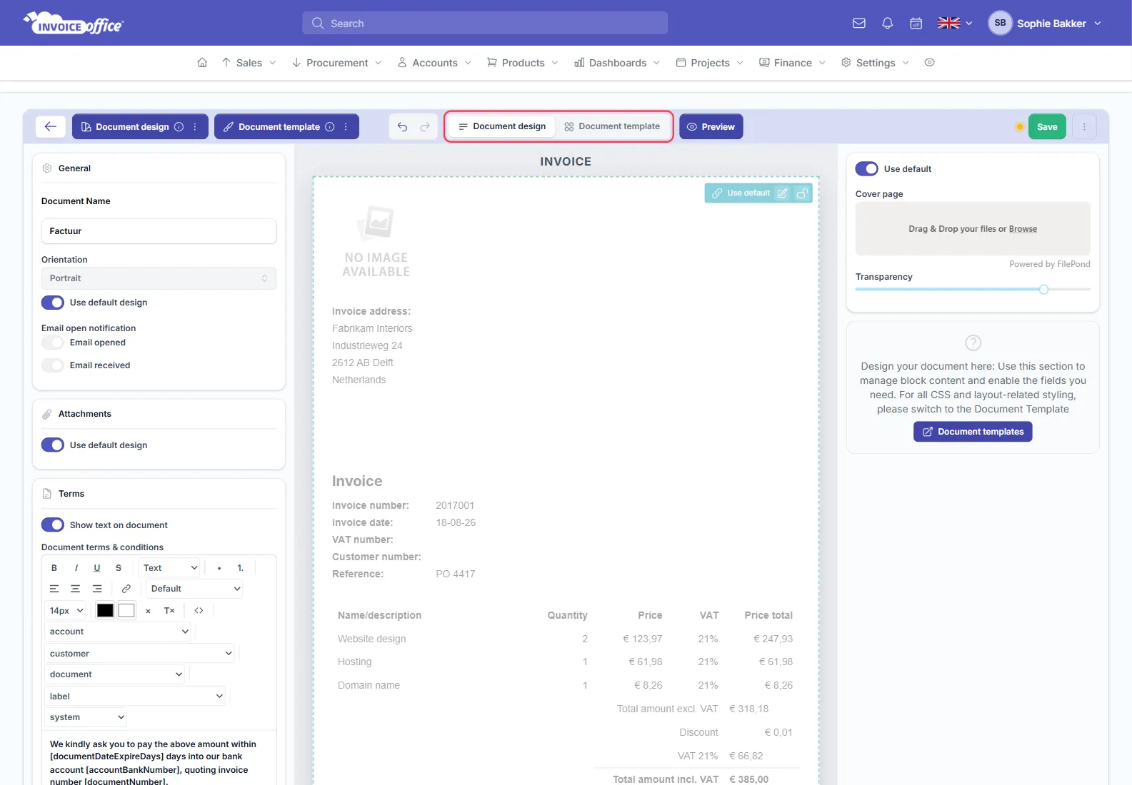 The Invoice Office document design editor in Document design mode, with the mode switch outlined in red, General, Attachments and Terms panels on the left, a live preview in the centre and a cover page panel on the right