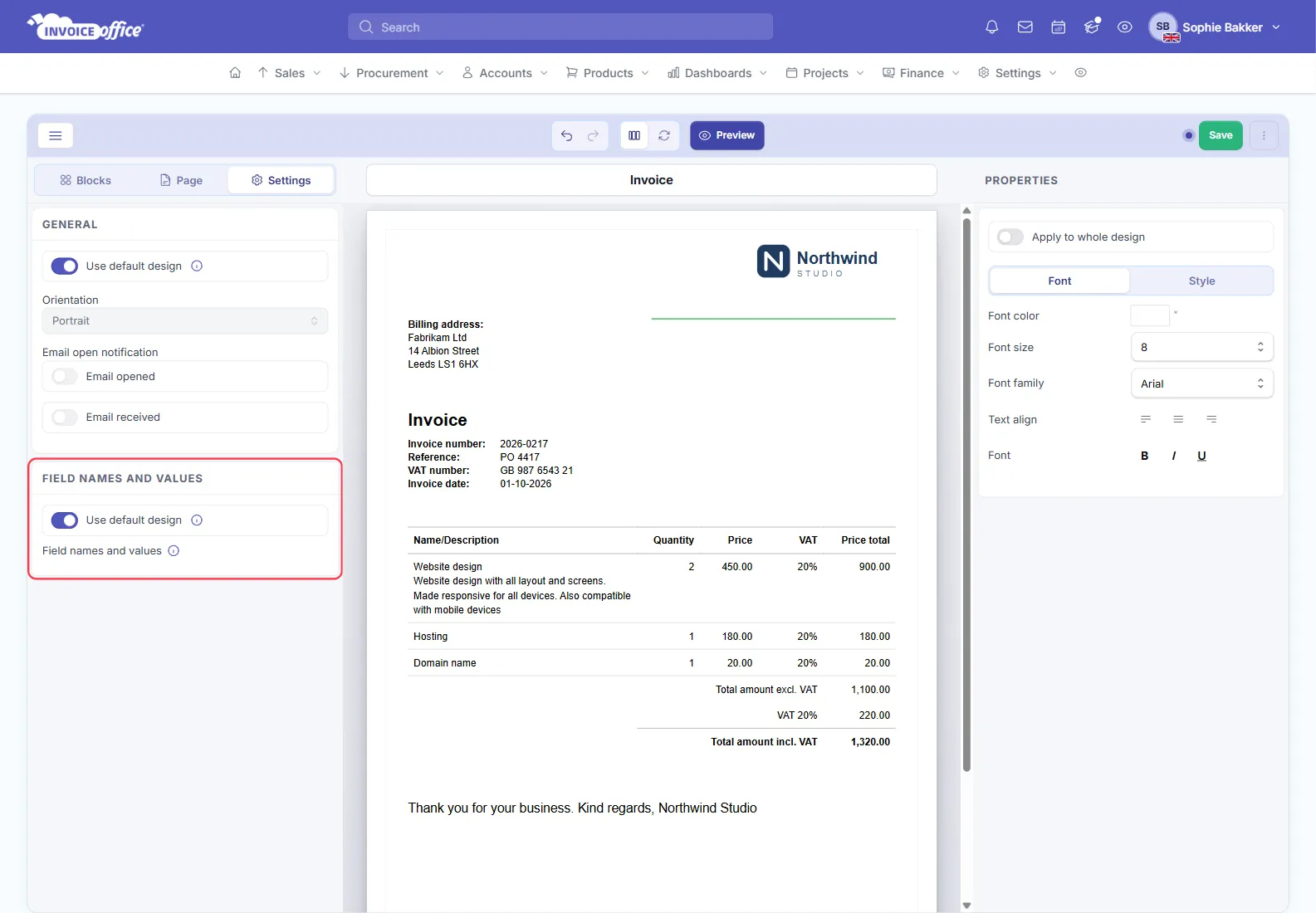 The Settings tab of the Invoice Office document design editor, with the Field names and values section outlined in red showing its Use default design switch
