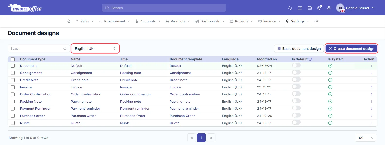 The Document designs page in Invoice Office settings, listing one design per document type — Document, Consignment, Credit Note, Invoice, Order Confirmation, Packing Note, Payment Reminder, Purchase order and Quote — with the language selector set to English (UK) and the Create document design button outlined in red