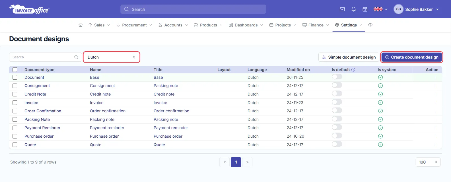 The Document designs page in Invoice Office settings, listing one design per document type — Document, Consignment, Credit note, Invoice, Order confirmation, Packing note, Payment reminder, Purchase order and Quote — with the language selector and the Create document design button outlined in red