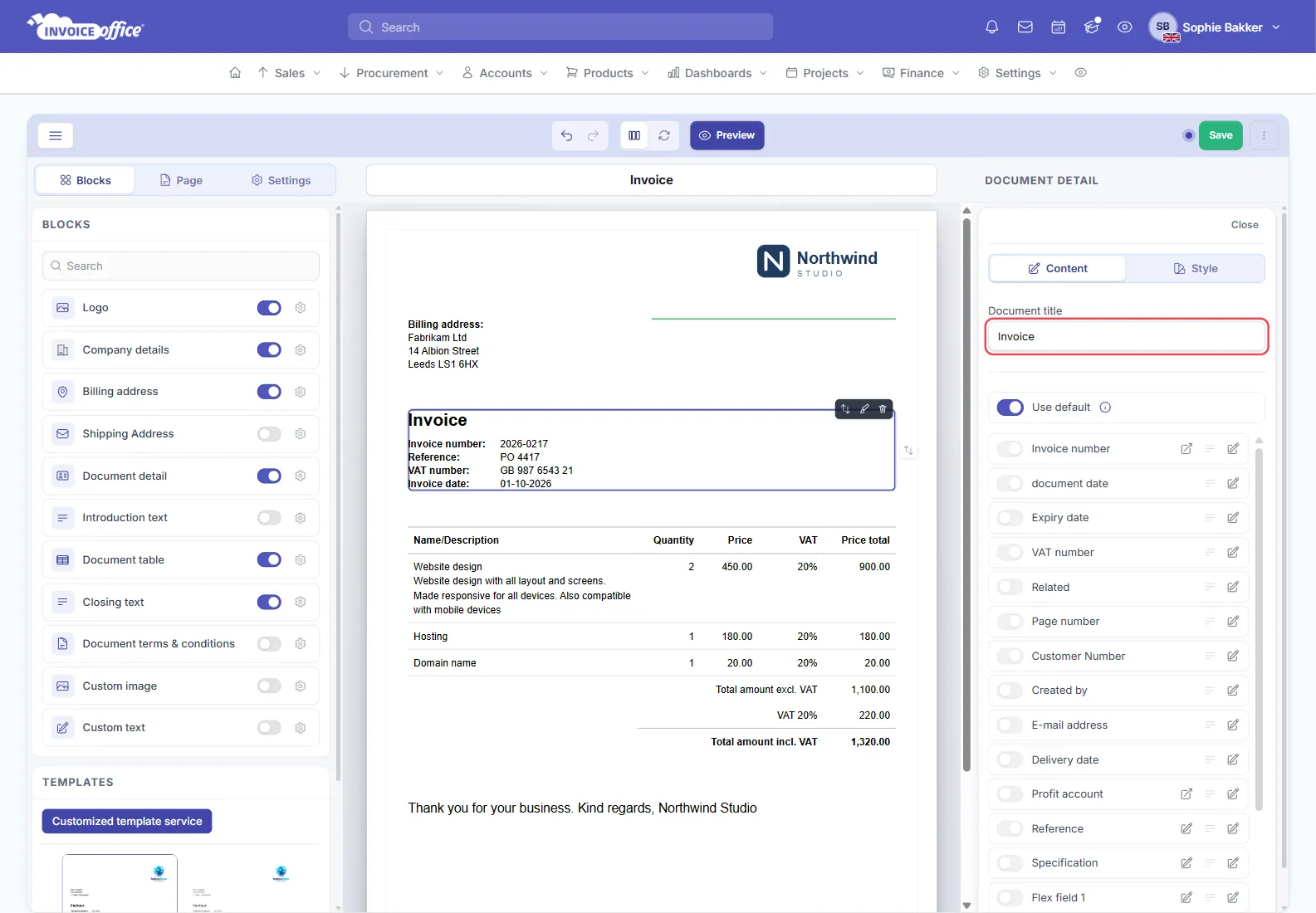 The Document detail block selected in the Invoice Office document design editor, with the Document title field on its Content tab, reading Invoice, outlined in red above the list of document detail fields