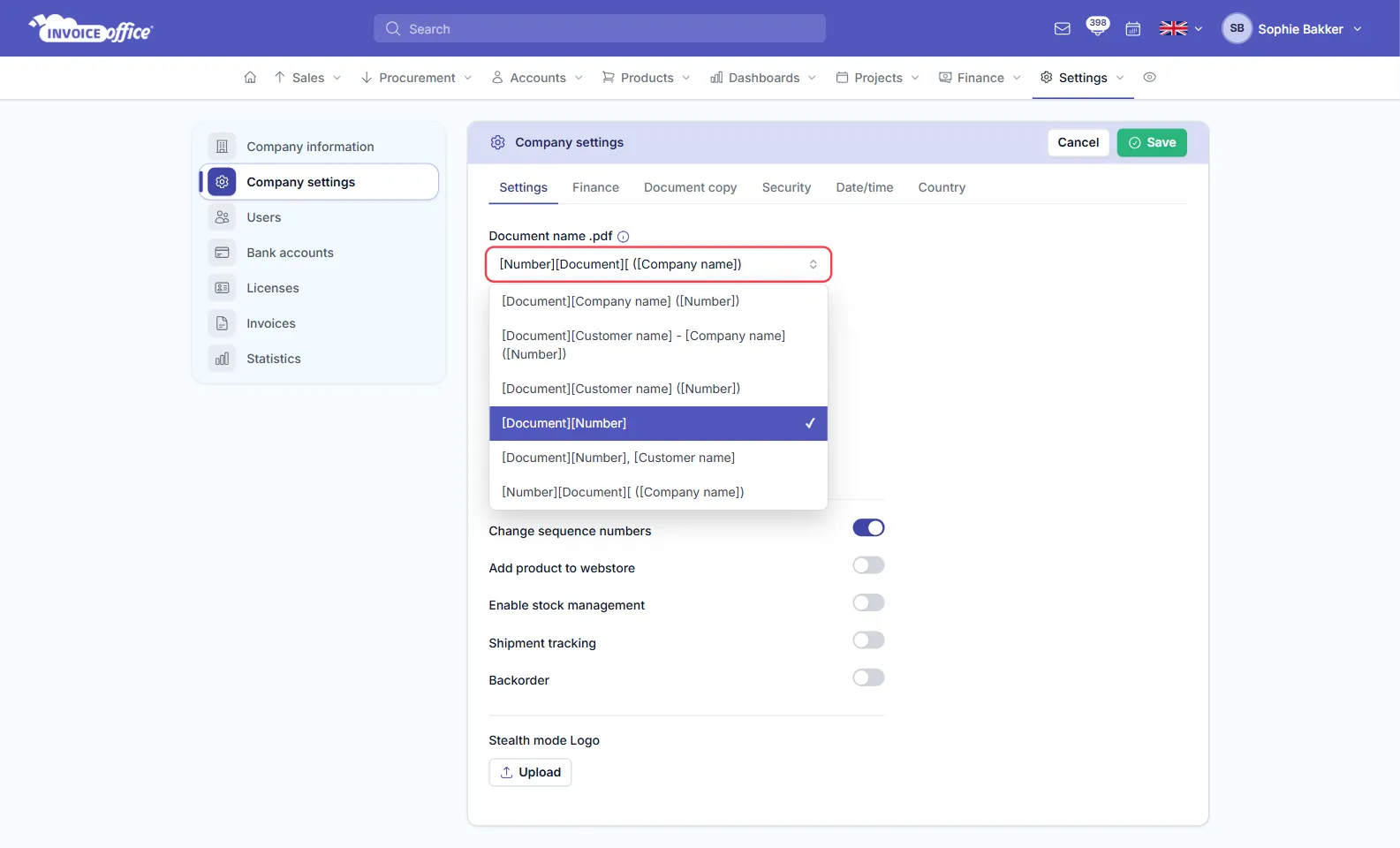 The Settings tab of Company settings in Invoice Office with the Document name .pdf list open on its six formats and [Document][Number] highlighted — the Document name .pdf field is outlined in red