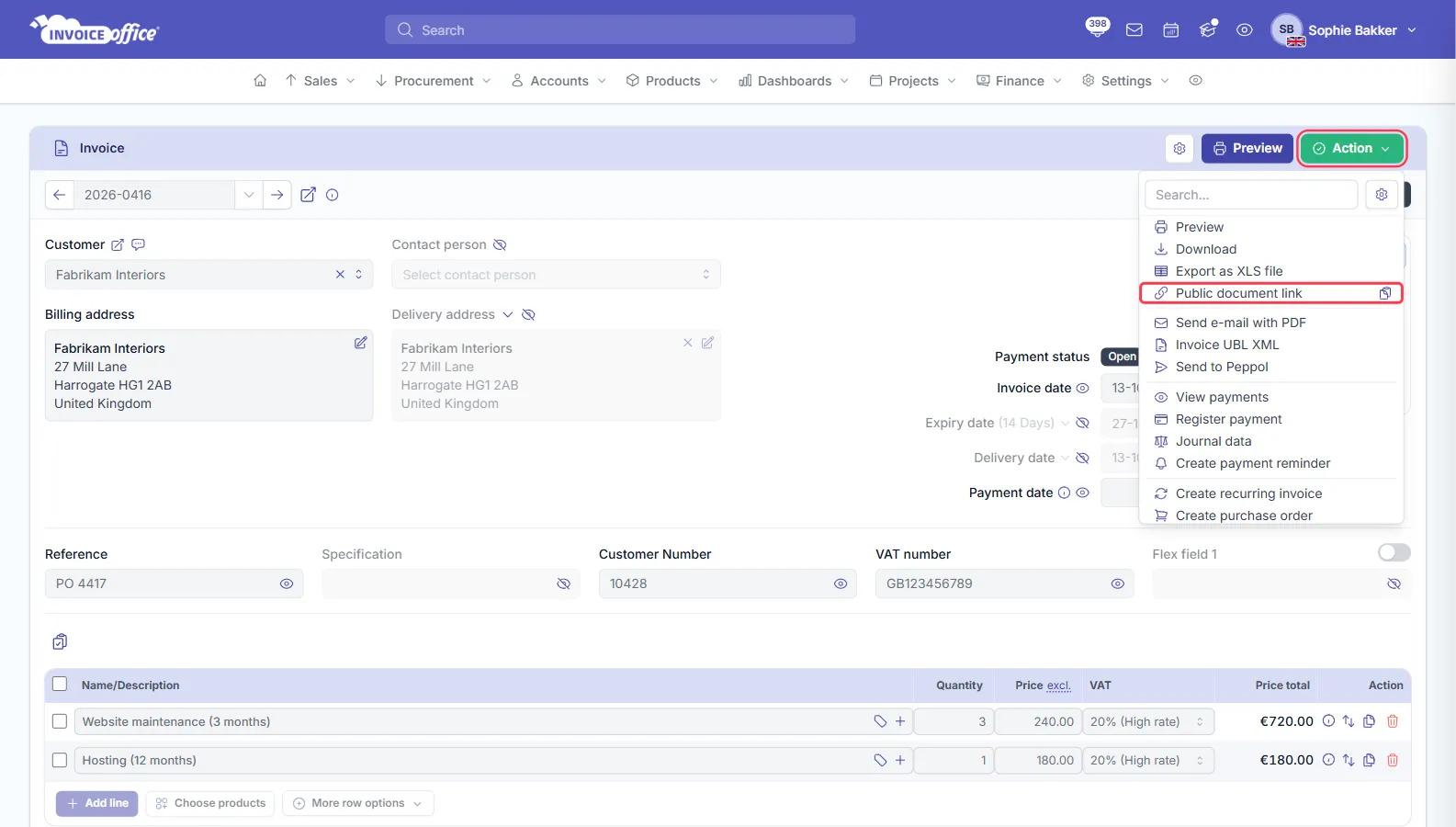 Finalized invoice 2026-0416 for Fabrikam Interiors open in Invoice Office with the green Action menu open, listing Preview, Download, Export as XLS file and Public document link; the Action button and the Public document link row with its copy icon are outlined in red