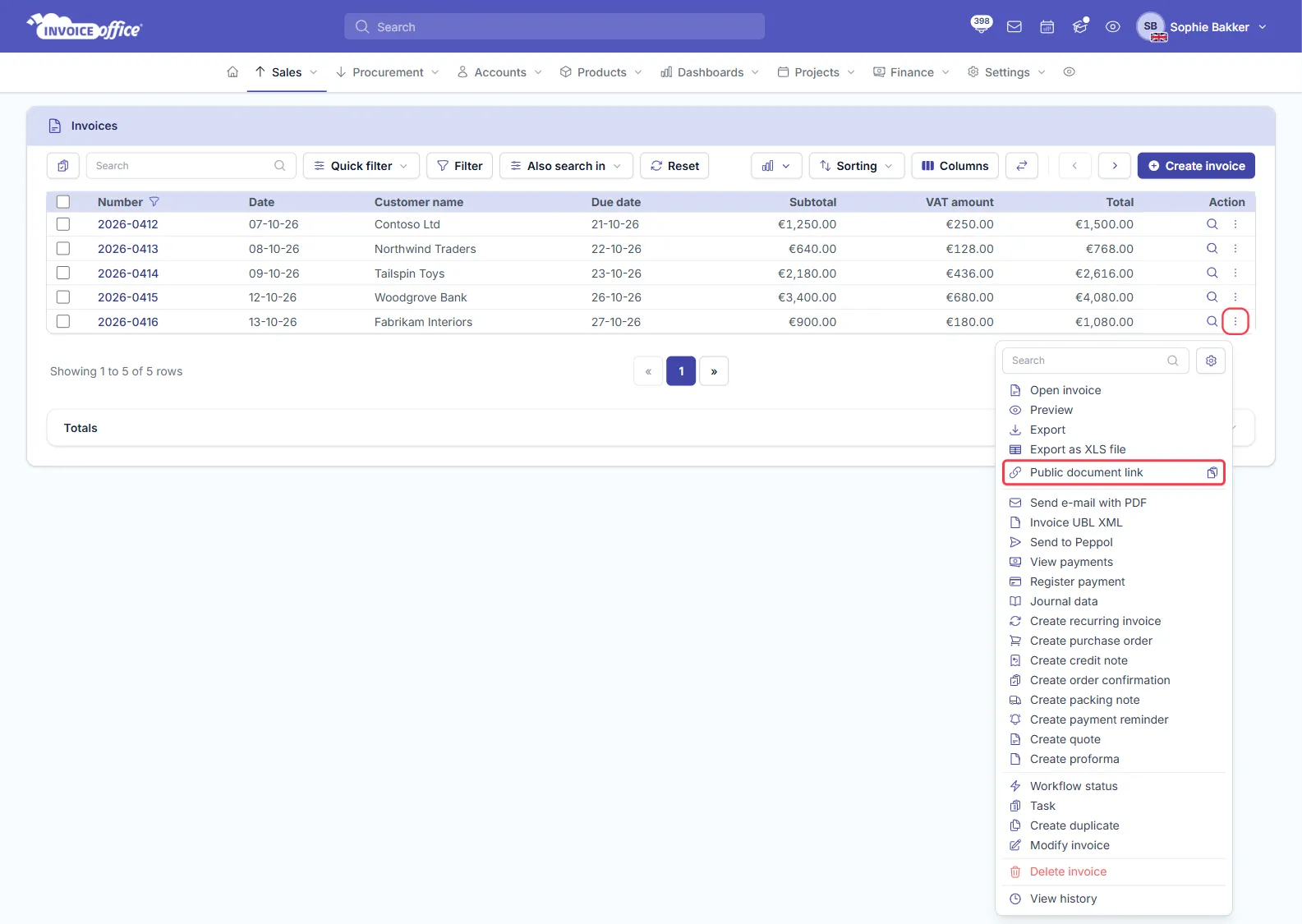 The Invoice Office invoices list with five invoices; the Action menu of invoice 2026-0416 for Fabrikam Interiors is open, and its ⋮ button and the Public document link row with the copy icon at the end are outlined in red