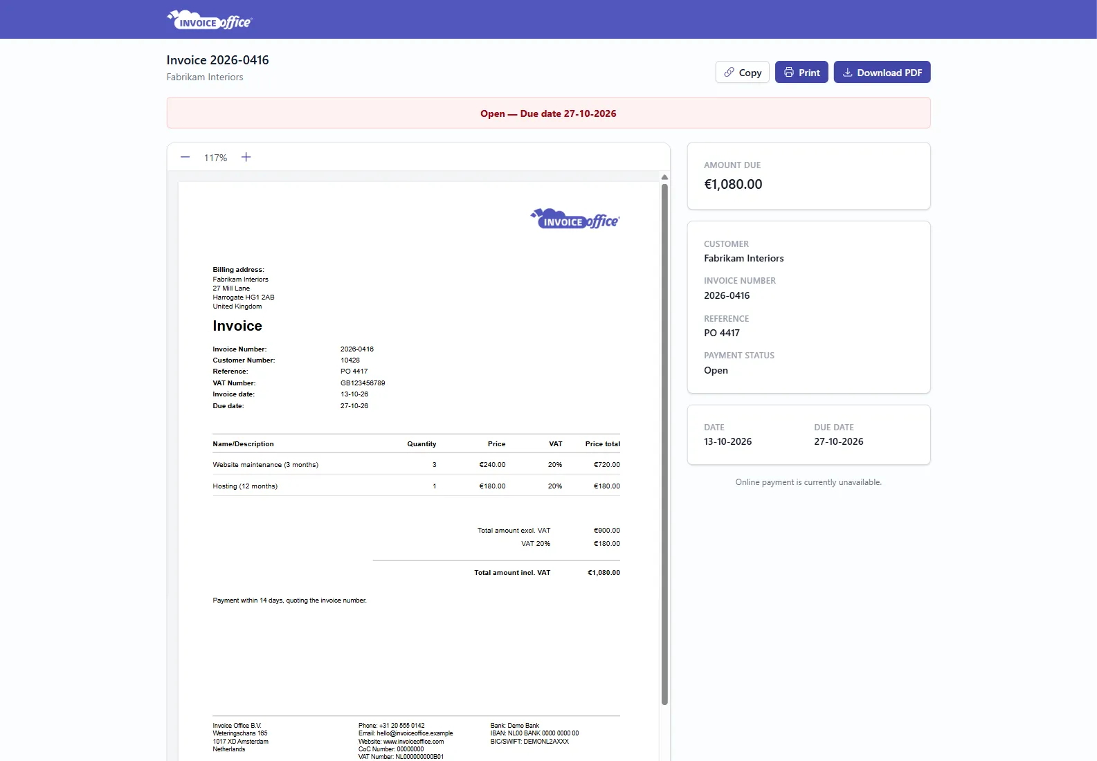 The public page of invoice 2026-0416 as the customer sees it, without logging in: Copy, Print and Download PDF buttons, an Open — Due date 27-10-2026 banner, the invoice PDF with zoom controls, and the Amount due of €1,080.00 with customer Fabrikam Interiors, invoice number, reference PO 4417, payment status Open, date and due date