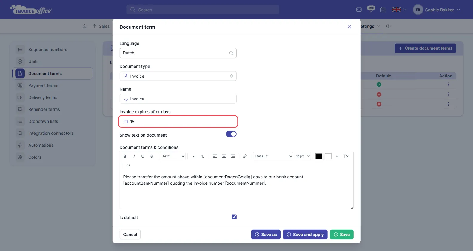 The Document term window in Invoice Office showing Language, Document type, Name, a Show text on document switch, the Document terms and conditions rich text editor and an Is default checkbox — the Invoice expires after days field, set to 15, is outlined in red