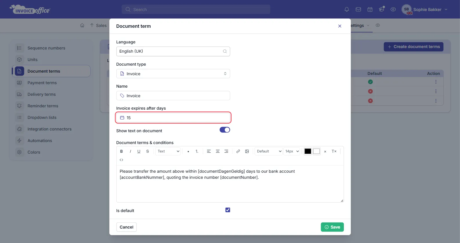 The Document term window in Invoice Office showing Language, Document type, Name, a Show text on document switch, the Document terms and conditions rich text editor and an Is default checkbox — the Invoice expires after days field, set to 15, is outlined in red