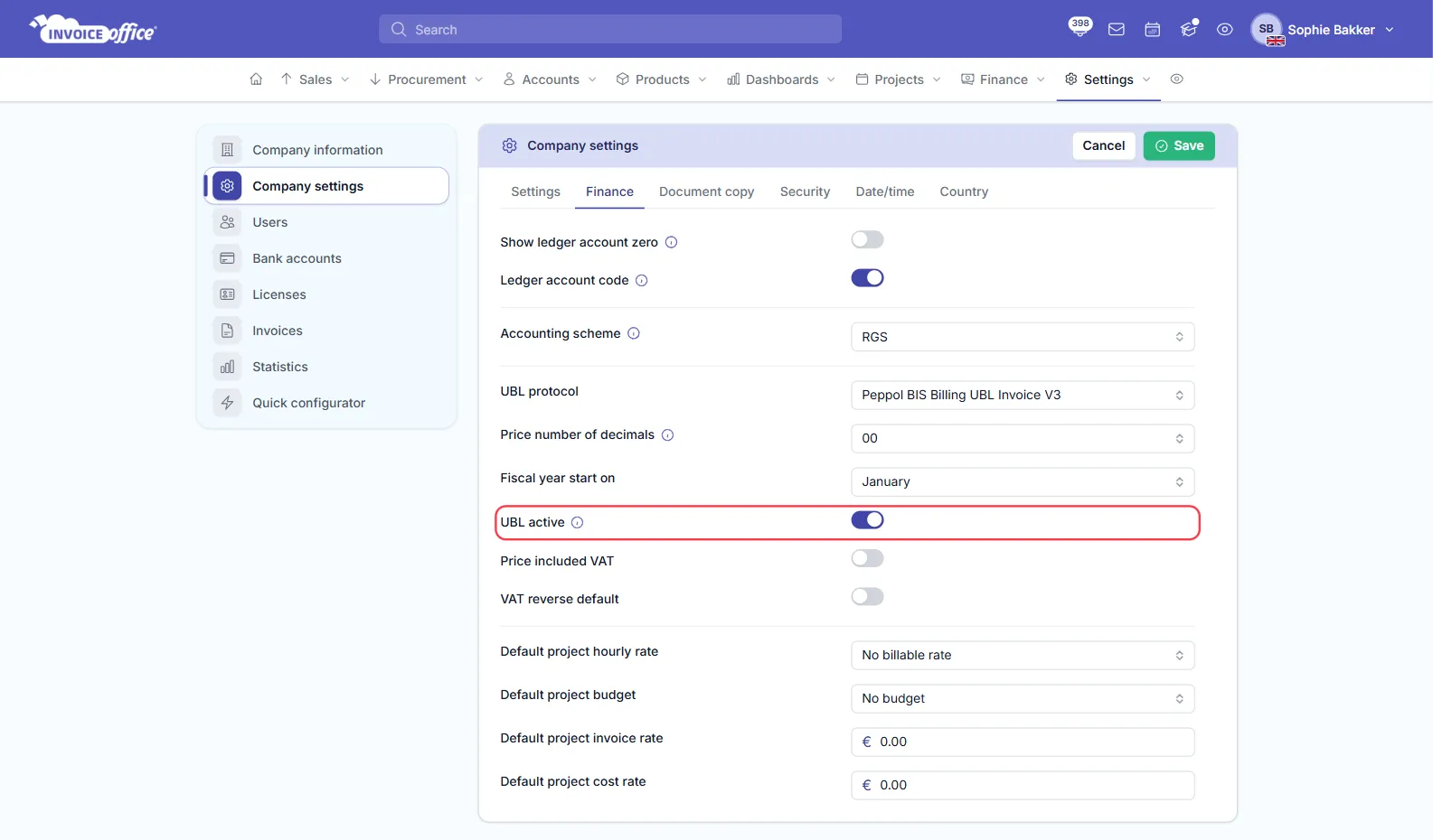 The Finance tab of Company settings in Invoice Office with UBL protocol set to Peppol BIS Billing UBL Invoice V3 and the UBL active switch turned on, outlined in red