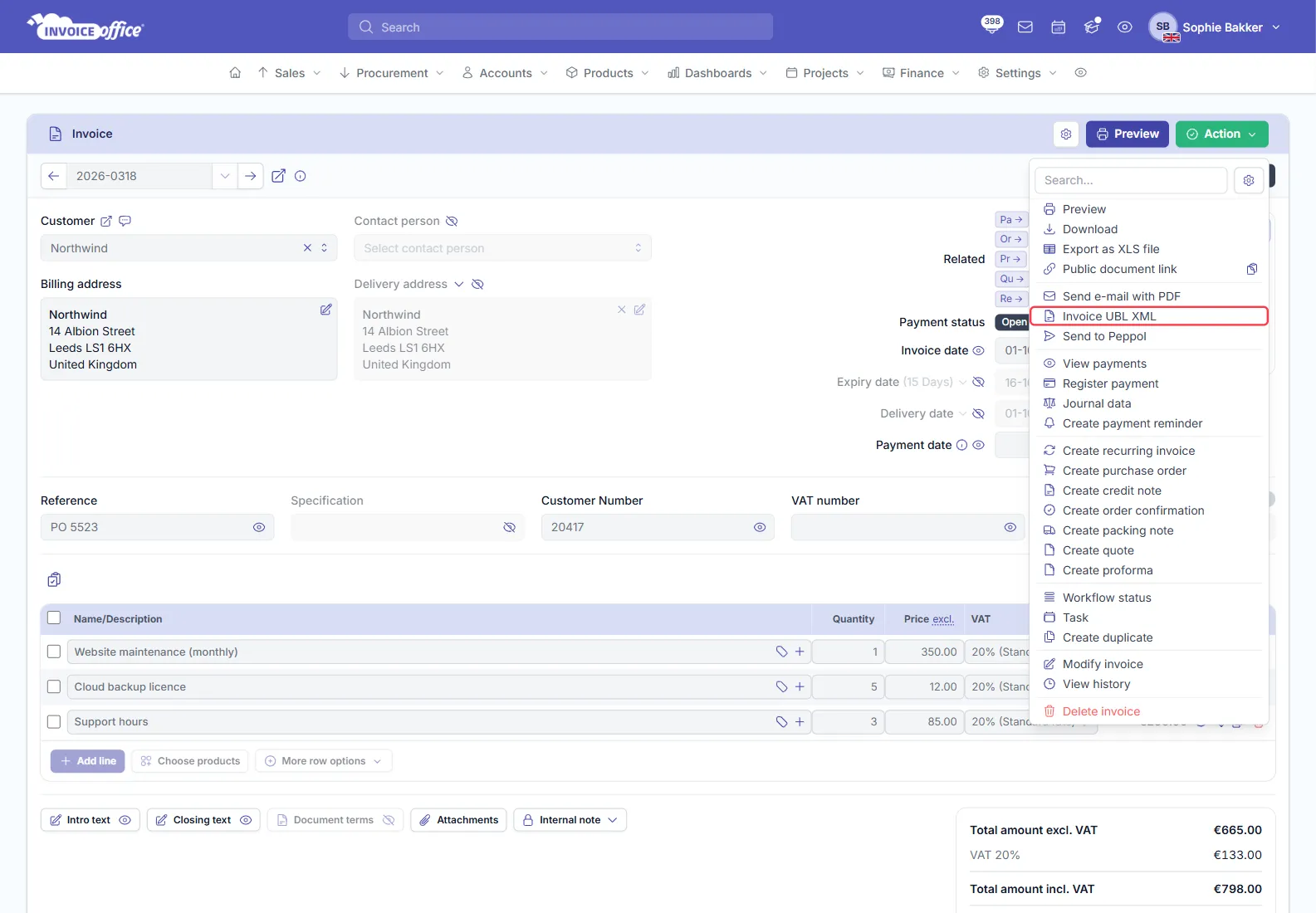 A final invoice 2026-0318 for Northwind open in Invoice Office with the Action menu open on Preview, Download, Export as XLS file, Public document link, Send e-mail with PDF, Invoice UBL XML, Send to Peppol and more; Invoice UBL XML is outlined in red