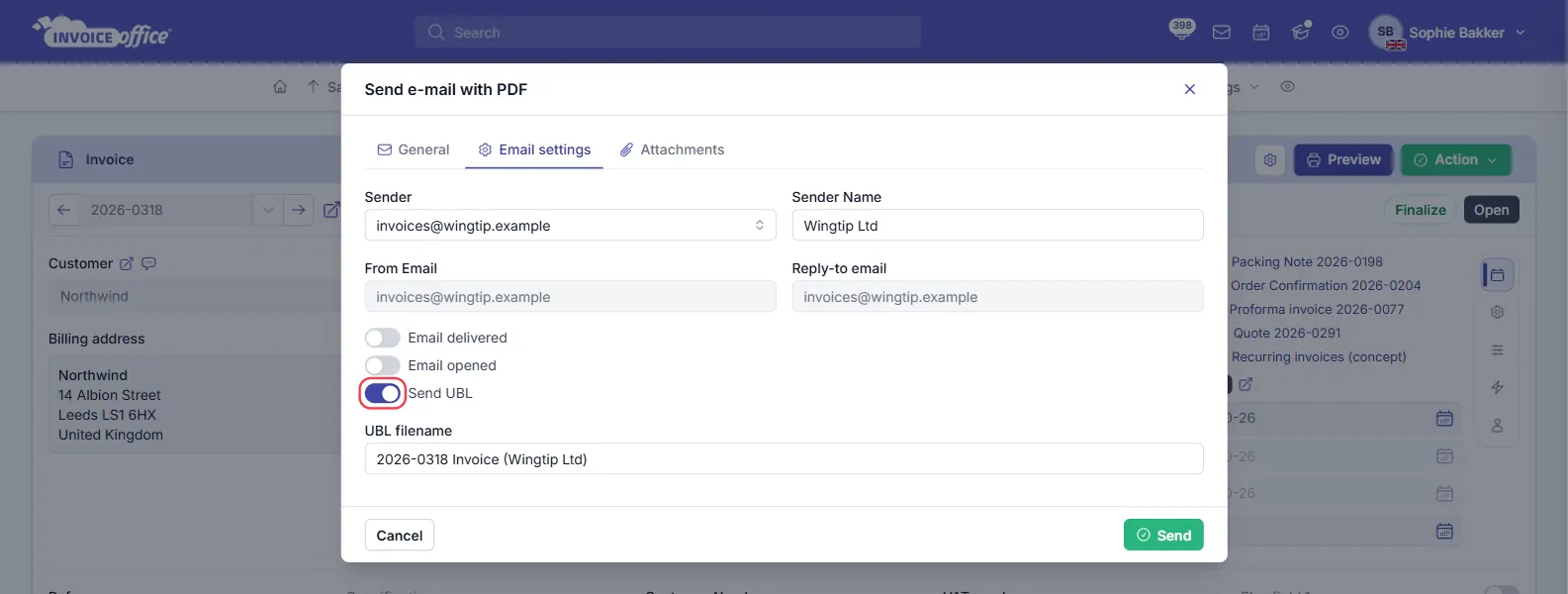 The Send e-mail with PDF window in Invoice Office on the Email settings tab, with Sender, Sender Name, From Email and Reply-to email, the Email delivered, Email opened and Send UBL switches and the UBL filename 2026-0318 Invoice (Wingtip Ltd); the Send UBL switch is turned on and outlined in red