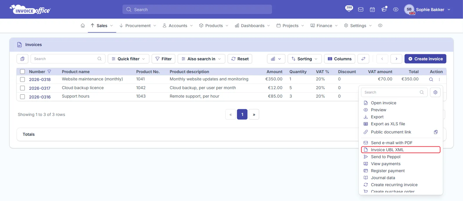 The Invoices list in Invoice Office with invoices 2026-0318, 2026-0317 and 2026-0316 and the Action menu of invoice 2026-0318 open on Open invoice, Preview, Export, Export as XLS file, Public document link, Send e-mail with PDF, Invoice UBL XML, Send to Peppol and more; Invoice UBL XML is outlined in red