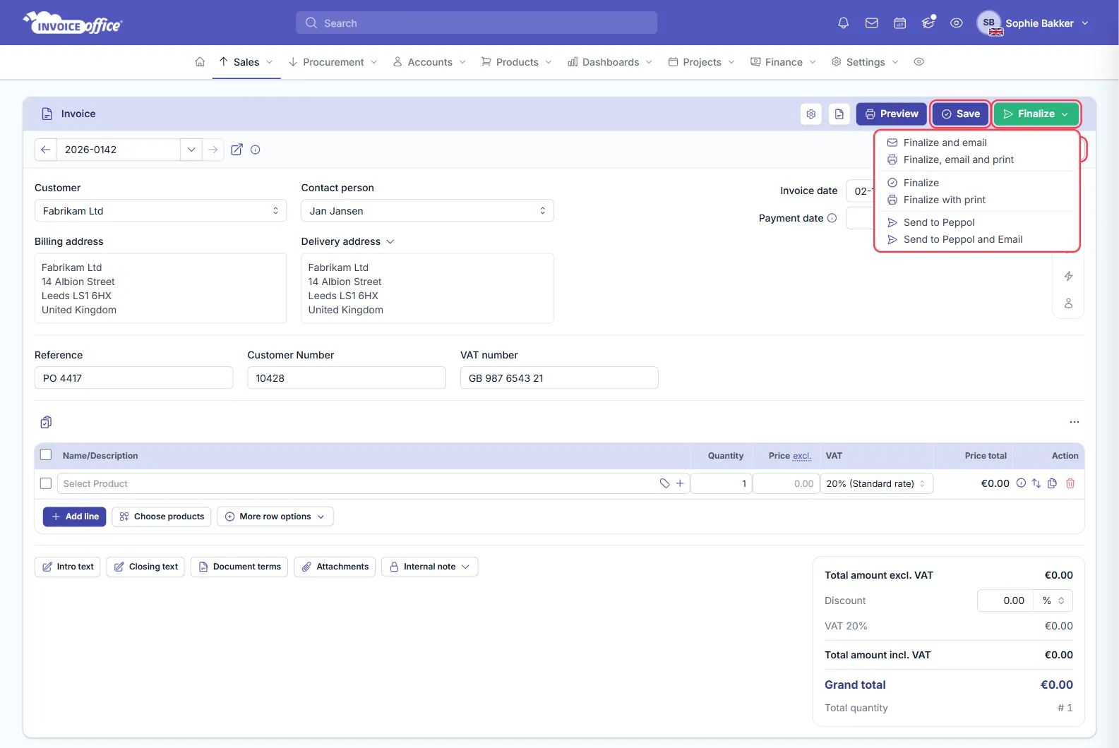 An Invoice Office invoice for Fabrikam Ltd with the green Finalize button outlined in red and its menu open on Finalize and email, Finalize, email and print, Finalize, Finalize with print, Send to Peppol and Send to Peppol and Email