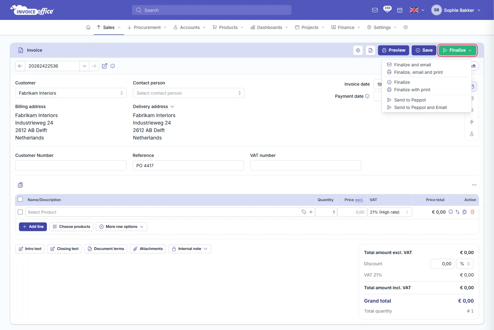 An Invoice Office invoice for Fabrikam Interiors with the green Finalize button outlined in red and its menu open on Finalize and email, Finalize, email and print, Finalize, Finalize with print, Send to Peppol and Send to Peppol and Email