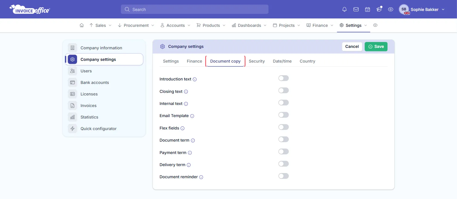 The Document copy tab in Invoice Office Company settings with switches for Introduction text, Closing text, Internal text, Email Template, Flex fields, Document term, Payment term, Delivery term and Document reminder; the Document copy tab is outlined in red