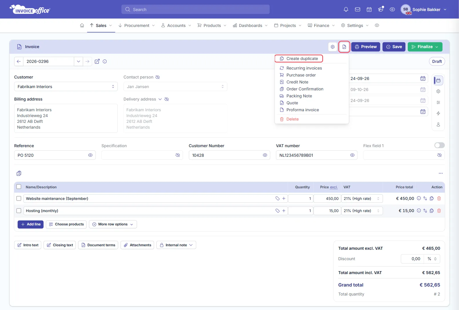 An open Invoice Office invoice 2026-0296 for Fabrikam Interiors with the Action menu open at the top, showing Create duplicate, Recurring invoices, Purchase order, Credit Note, Order Confirmation, Packing Note, Quote, Proforma invoice and Delete; the Action button and Create duplicate are outlined in red