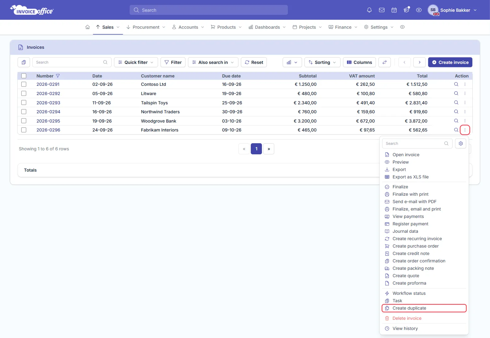 The Invoice Office invoices list with the Action menu open on invoice 2026-0296 for Fabrikam Interiors, listing Open invoice, Preview, Export, the Finalize options, payments, the Create options, Workflow status, Task, Create duplicate, Delete invoice and View history; the Action button and Create duplicate are outlined in red