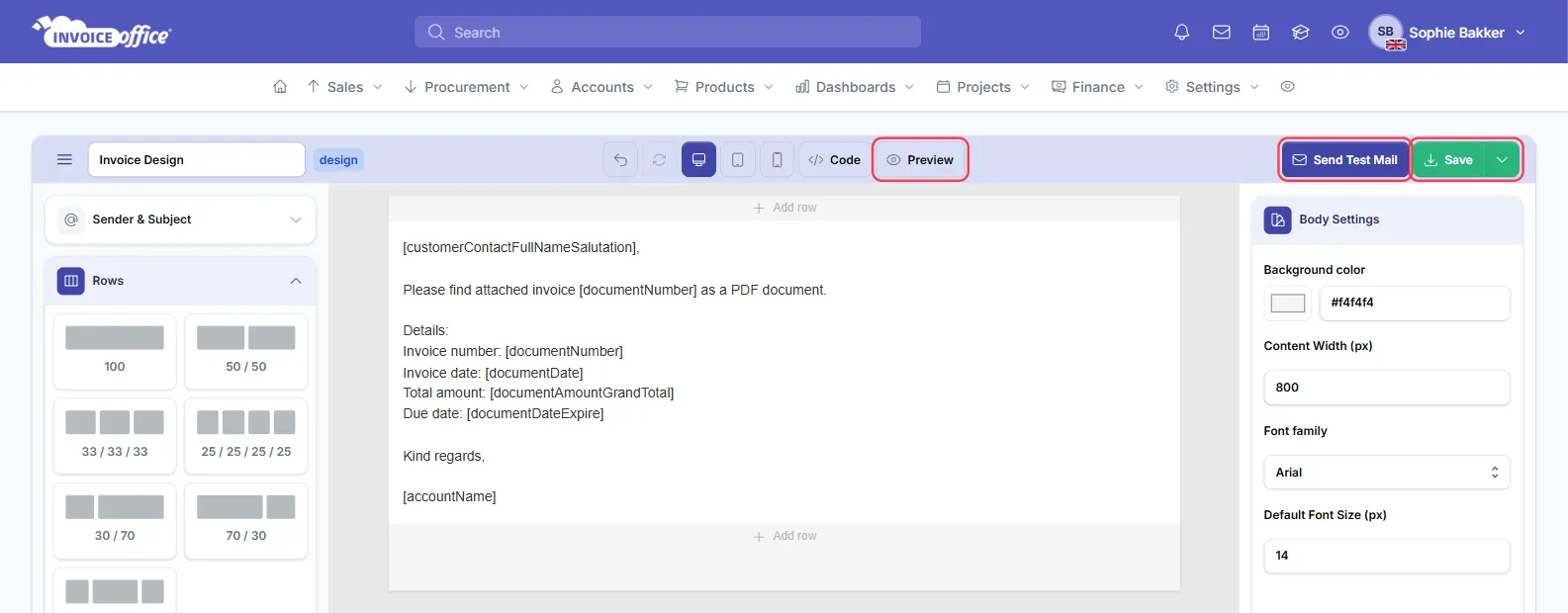 The Invoice Office email editor with Invoice Design open: Sender & Subject, Rows, Content, Templates and Saved Templates on the left, the invoice email with placeholders such as [documentNumber] and [documentAmountGrandTotal] in the middle and Body Settings on the right; Preview, Send Test Mail and Save are outlined in red
