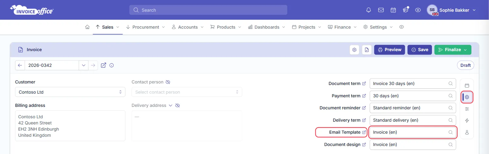 The Settings tab of an invoice in the Invoice Office editor for Contoso Ltd, with Document term, Payment term, Document reminder, Delivery term, Email Template Invoice (en) and Document design; the Settings tab and the Email Template field are outlined in red
