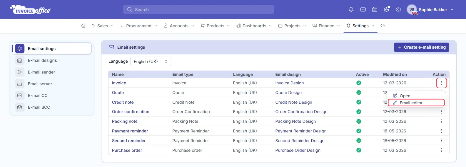 The Email settings page in Invoice Office listing email templates such as Invoice, Quote, Credit note, Order confirmation, Packing note, Payment reminder and Purchase order in English (UK), each with its Email design; the Action menu of the Invoice template is open with Open and Email editor, and the Action button and Email editor are outlined in red