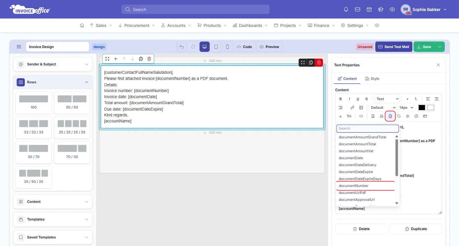 The Text Properties panel of the Invoice Office email editor with the Document placeholder menu open, listing documentAmountGrandTotal, documentAmountTotal, documentAmountVat, documentDate, documentDateExpire, documentNumber and more; the Document button and documentNumber are outlined in red