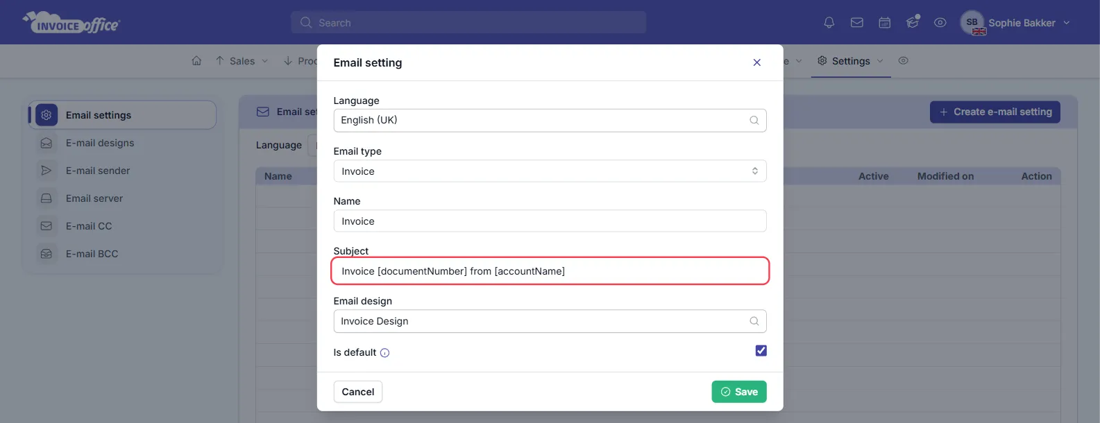 The Email setting window in Invoice Office for the Invoice template: Language English (UK), Email type Invoice, Name Invoice, Subject Invoice [documentNumber] from [accountName], Email design Invoice Design and Is default ticked; the Subject field is outlined in red