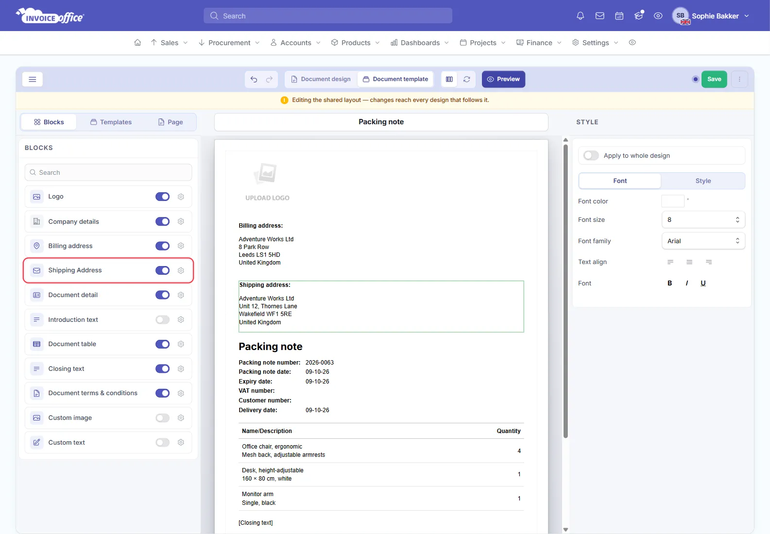 The packing note design in the Invoice Office document template editor with the Shipping Address block switched on in the Blocks list, outlined in red, and the shipping address shown on the page below the billing address
